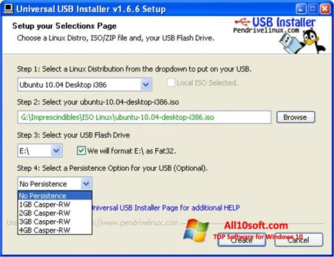 لقطة شاشة Universal USB Installer لنظام التشغيل Windows 10