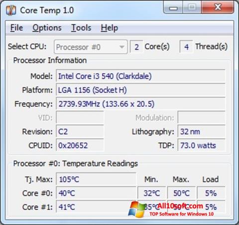 لقطة شاشة Core Temp لنظام التشغيل Windows 10