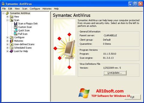 لقطة شاشة Symantec Antivirus لنظام التشغيل Windows 10